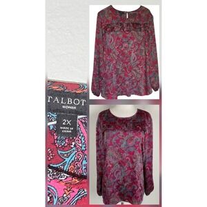 Talbots Woman plus Size 2x Red Paisley Bold Print Henley Popover Blouse Ruffle